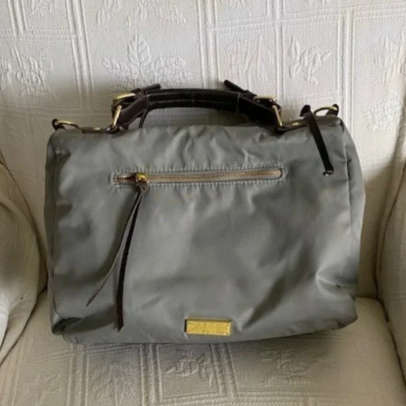 Unique Grey SM Nylon Crossbody Bag w Chocolate Leather Handles, Strap & Zippers - Picture 2 of 7